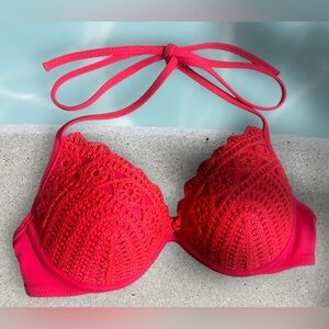Crochet Padded Bright Coral Bikini Top Super Sexy Size 32B Pre owned